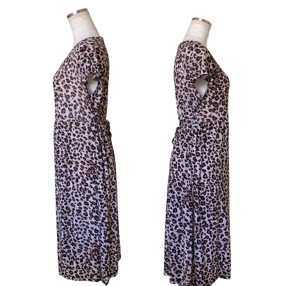Animal Print  Short Puff  Sleeve Waist Tie Midi Dress - Picture 4 of 6